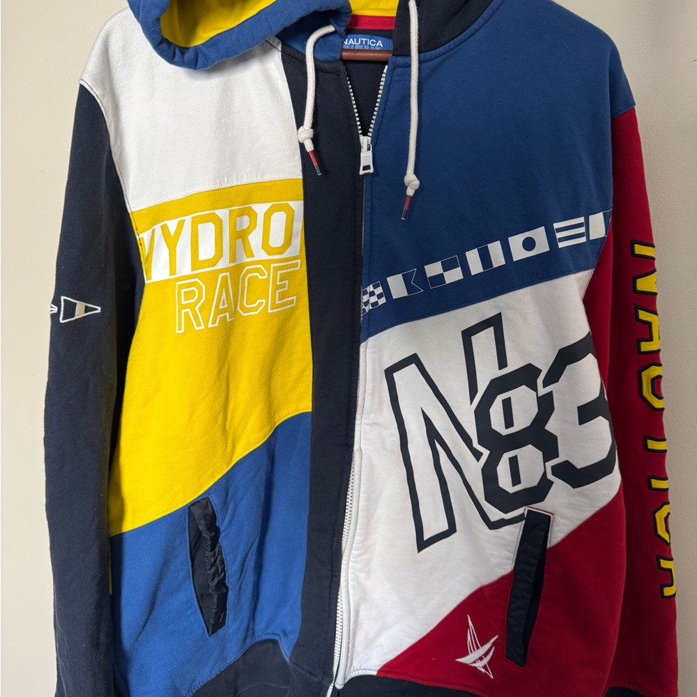 Nautica Blue Sail Hoodie with Yellow and Red Accents Vintage Style